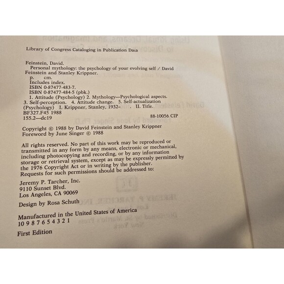 Personal Mythology David Feinstein PHD Hardcover Dust Jacket 1988 1st Edition - Picture 3 of 3